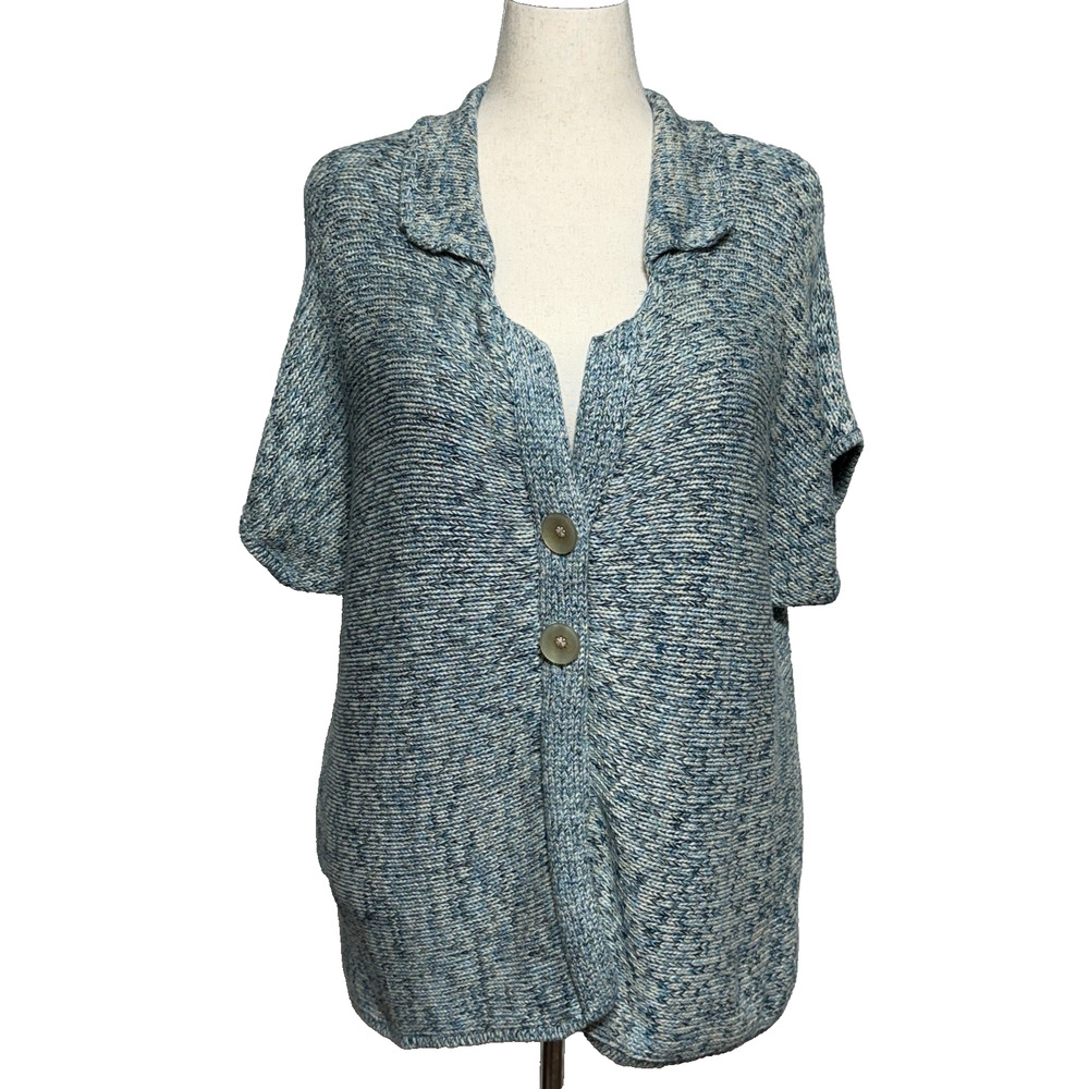 J Jill Cardigan Womens 2X Blue Chunky Knit Short Sleeve Big Buttons Up‎ Sweater